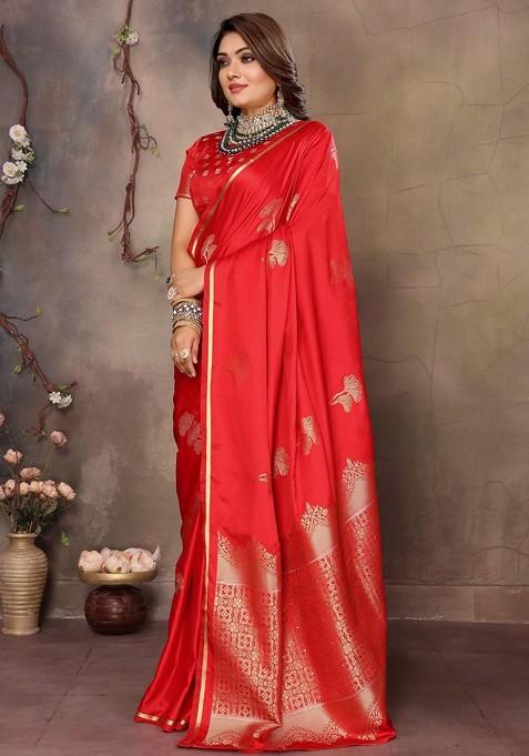 Red Zari Printed Blended Saree Set