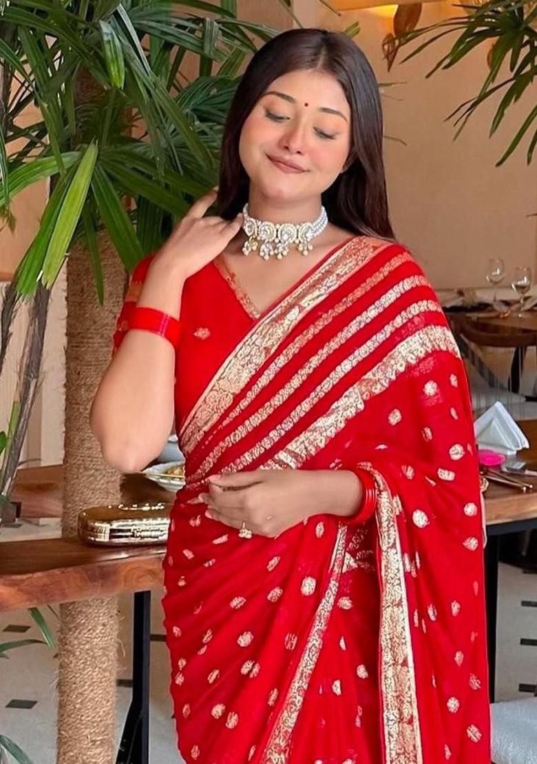 Red Zari Printed Blended Saree Set - Indya