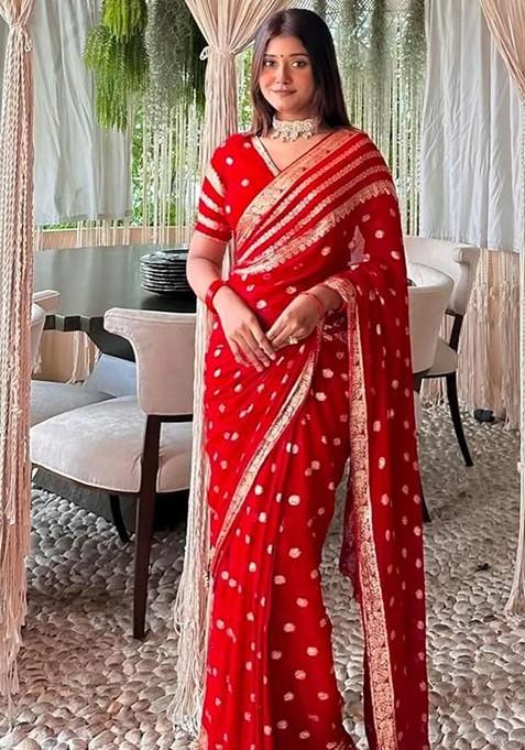 Red Zari Printed Blended Saree Set