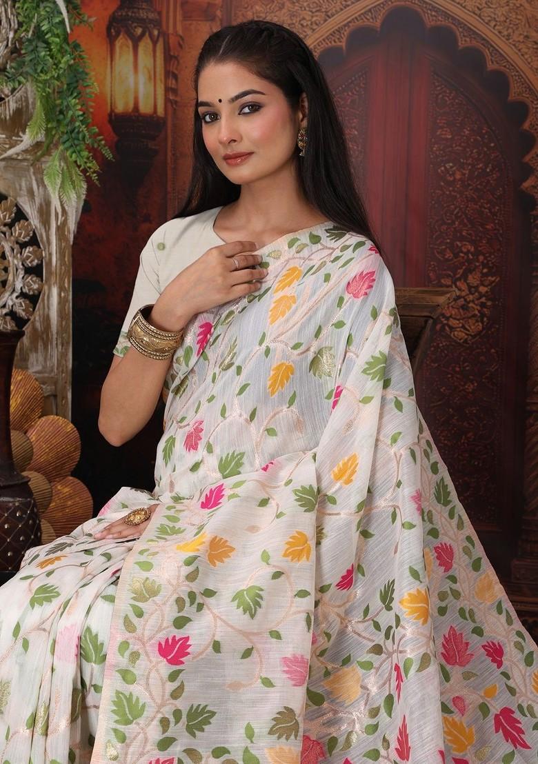 Off White Printed Blended Saree Set - Indya