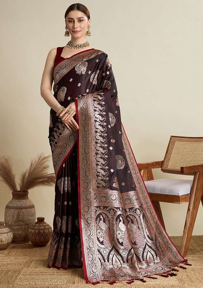 Maroon Zari Printed Blended Saree Set for Diwali and Festive Wear - Indya