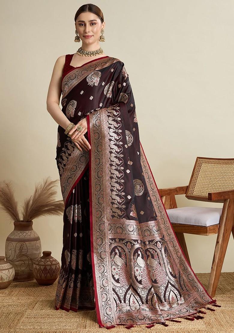 Maroon Zari Printed Blended Saree Set - Indya