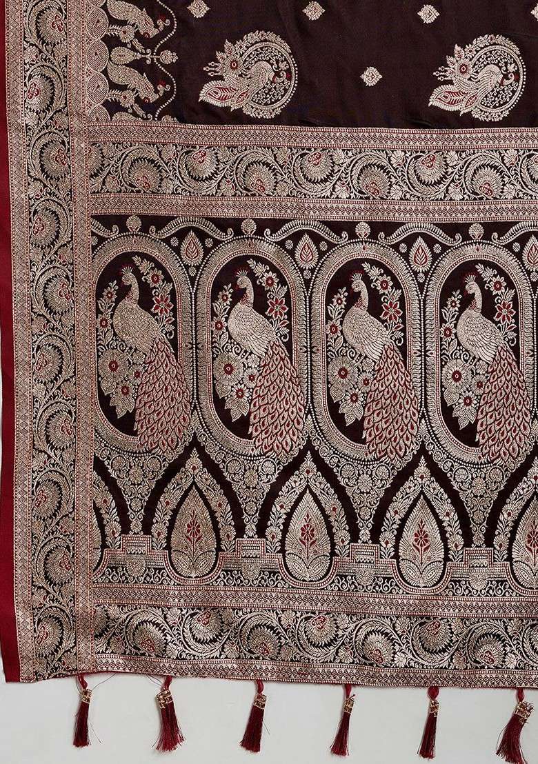 Maroon Zari Printed Blended Saree Set for Diwali and Festive Wear - Indya