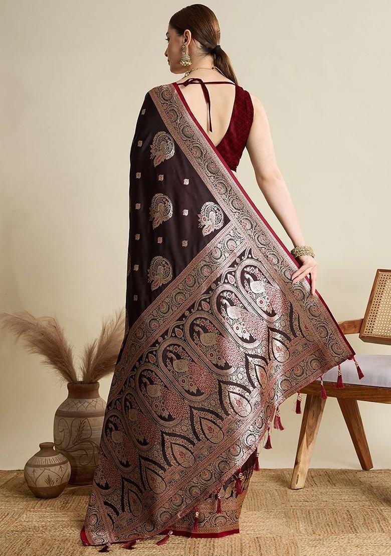 Maroon Zari Printed Blended Saree Set - Indya