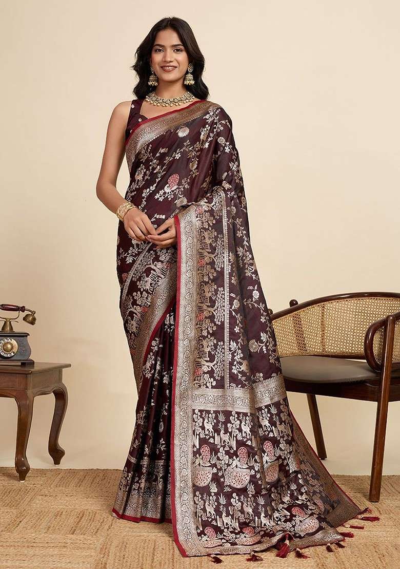 Maroon Zari Printed Blended Saree Set for Diwali and Festive Wear - Indya