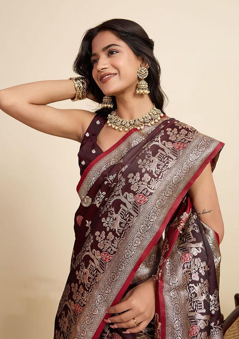 Maroon Zari Printed Blended Saree Set - Indya