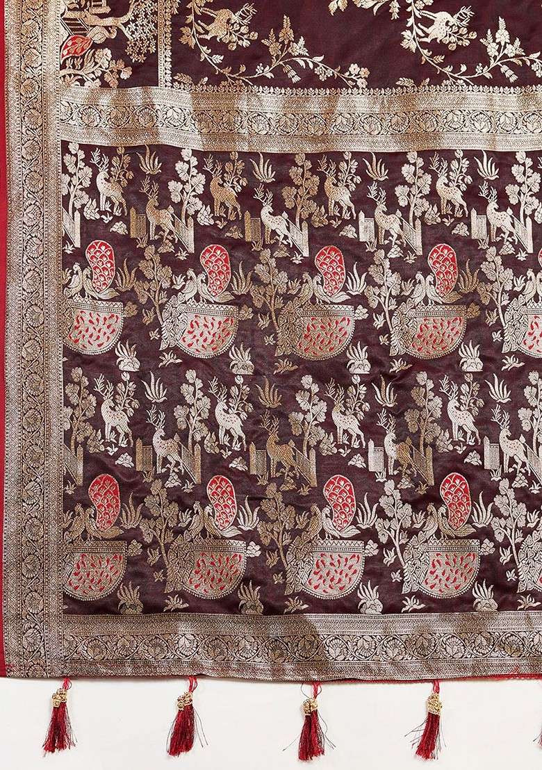 Maroon Zari Printed Blended Saree Set for Diwali and Festive Wear - Indya