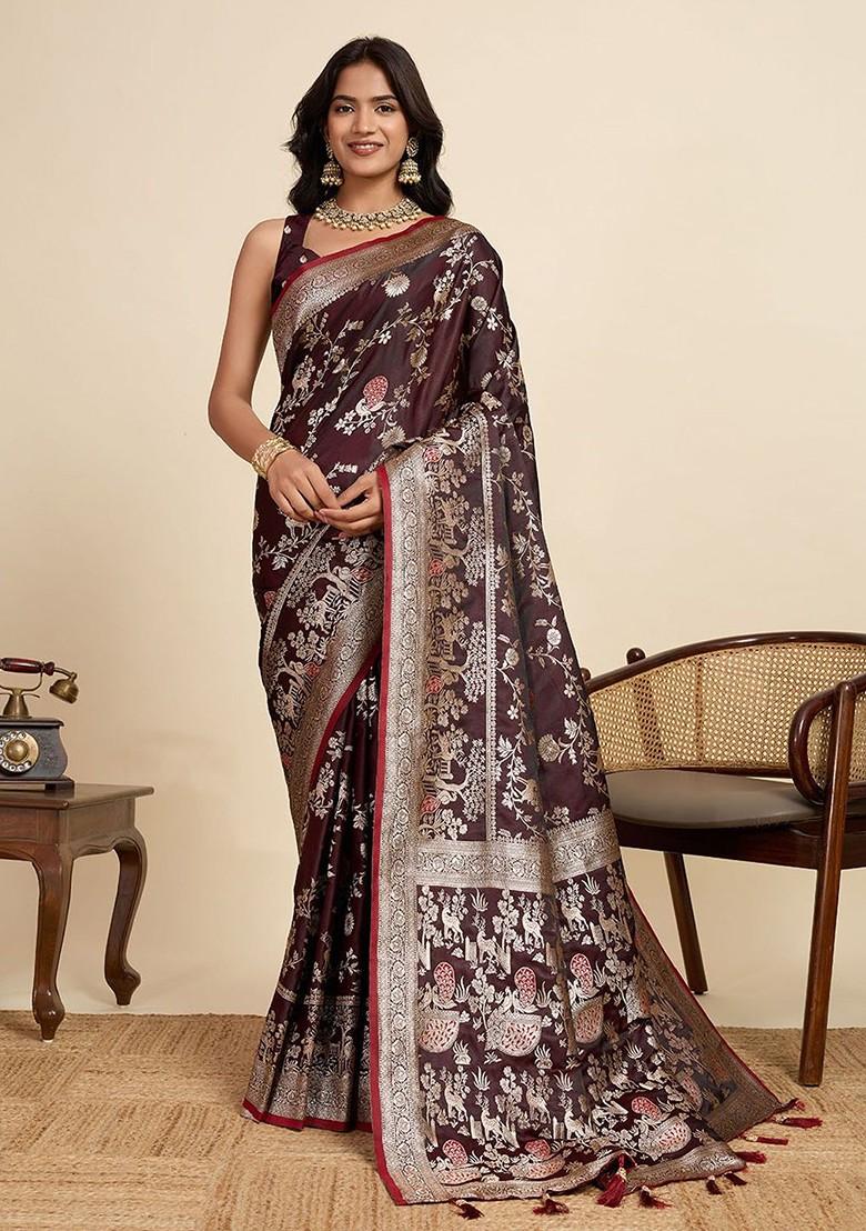 Maroon Zari Printed Blended Saree Set - Indya