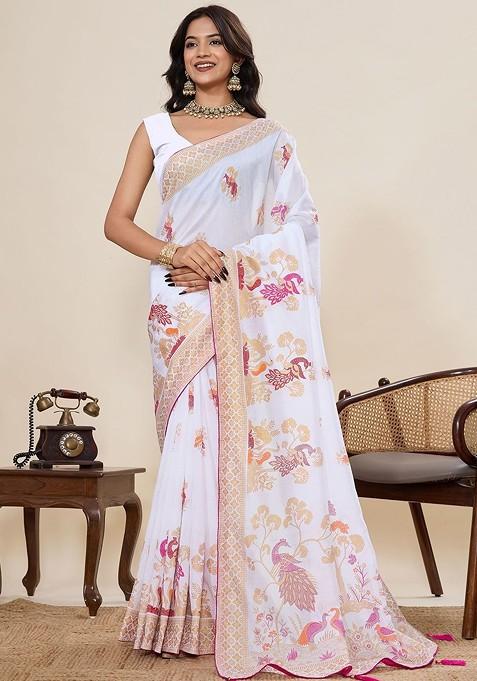 White Printed Blended Saree Set