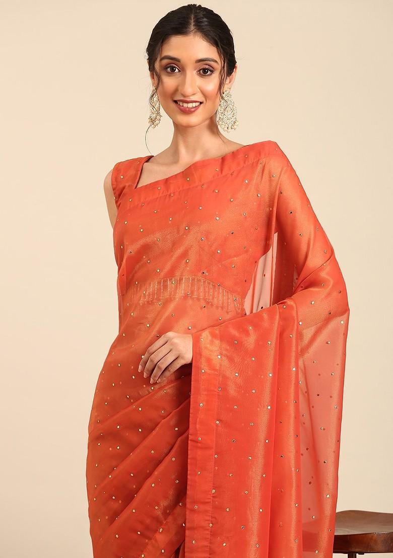 Orange Embellished Blended Saree Set - Indya