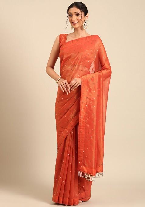 Orange Embellished Blended Saree Set — view on Indya