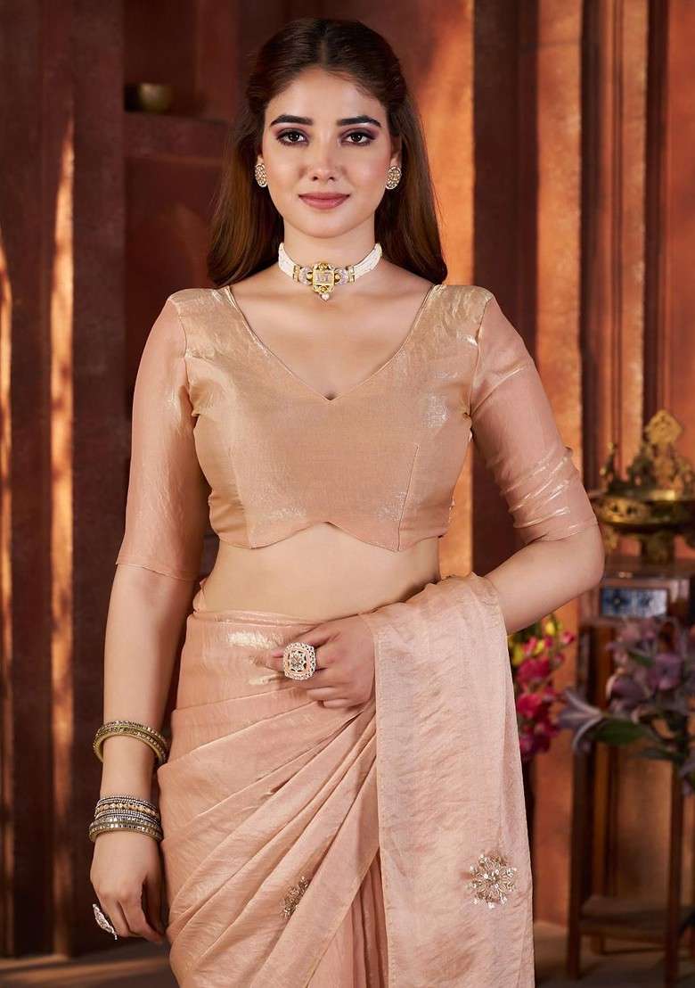 Gold Floral Print Blended Saree Set for Diwali and Festive Wear - Indya
