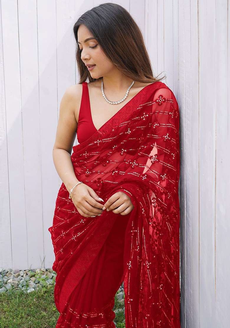Red Embellished Blended Saree Set for Diwali and Festive Wear - Indya