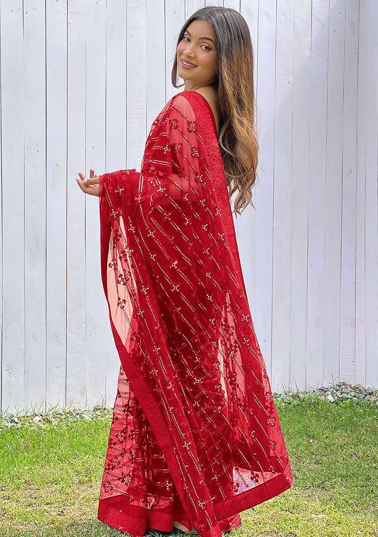 Red Embellished Blended Saree Set for Diwali and Festive Wear - Indya