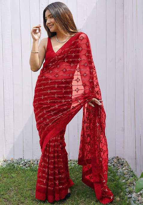 Red Embellished Blended Saree Set for Diwali and Festive Wear