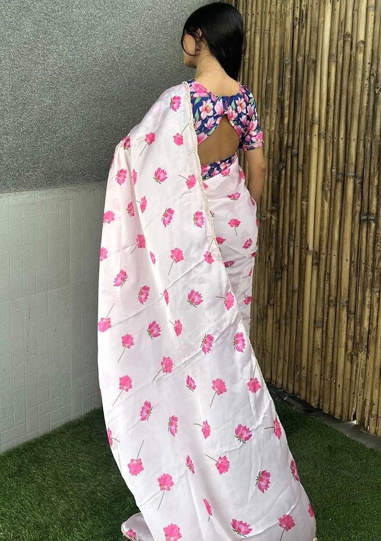 White Printed Blended Saree Set - Indya