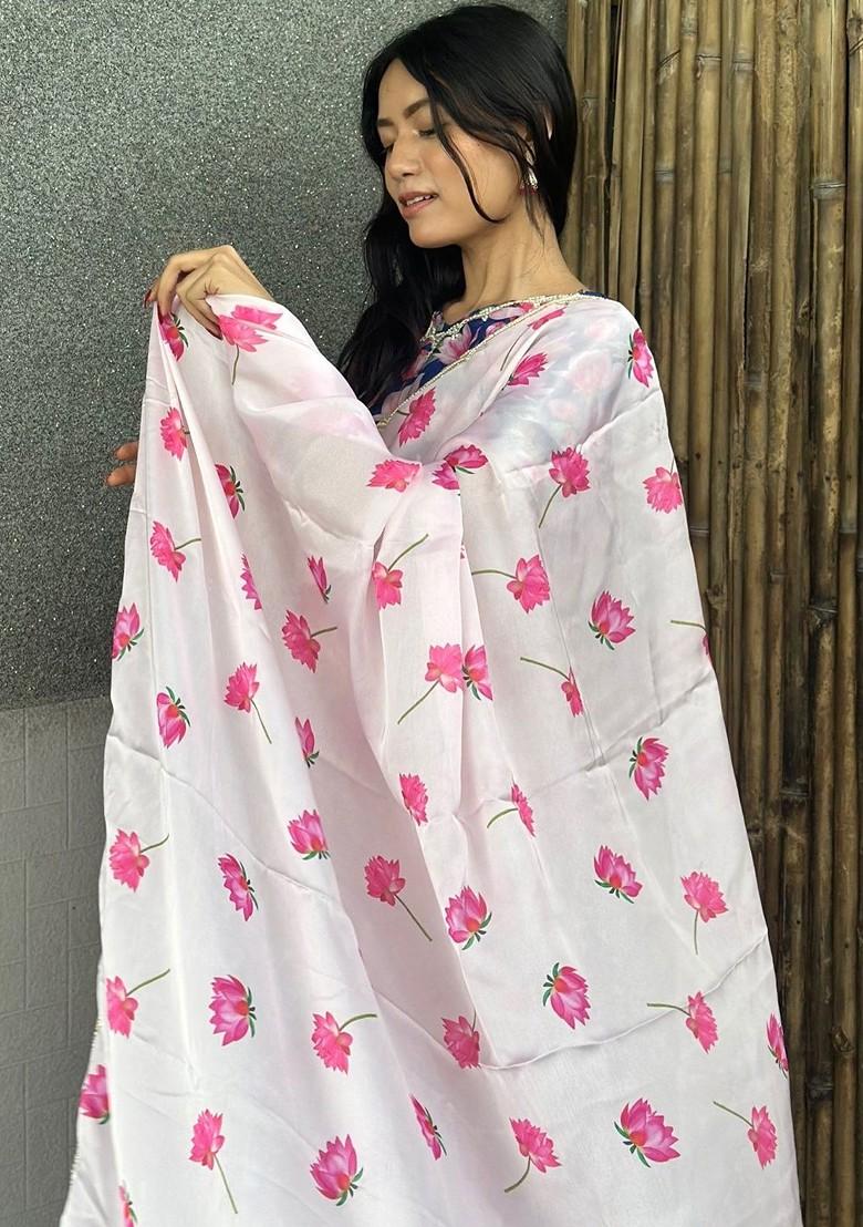 White Printed Blended Saree Set - Indya