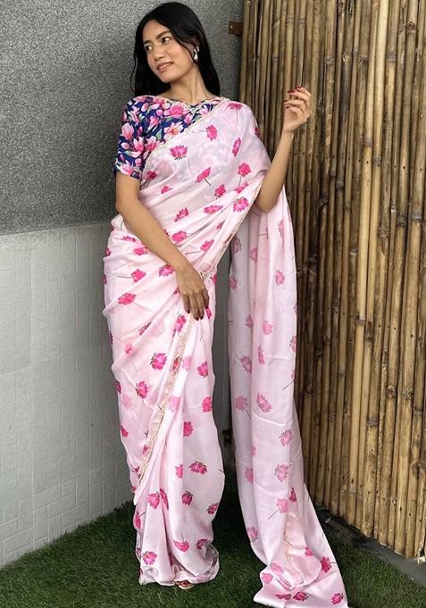 White Printed Blended Saree Set