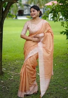 Orange Printed Blended Saree Set