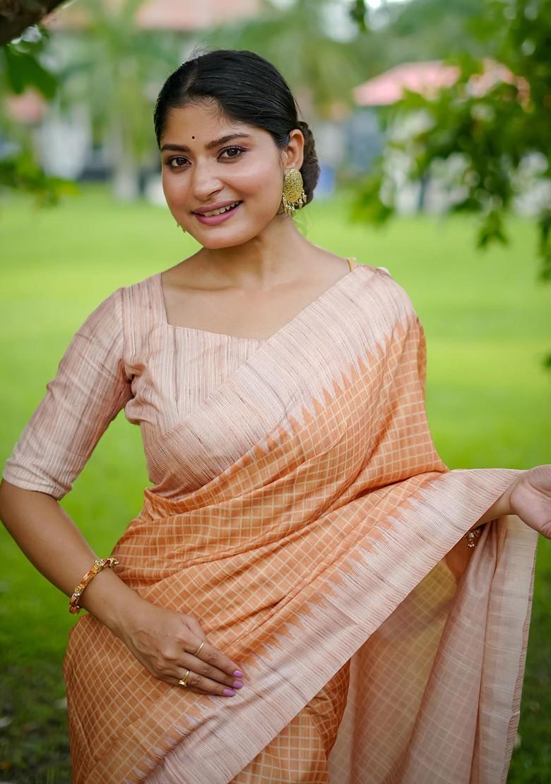 Orange Printed Blended Saree Set - Indya