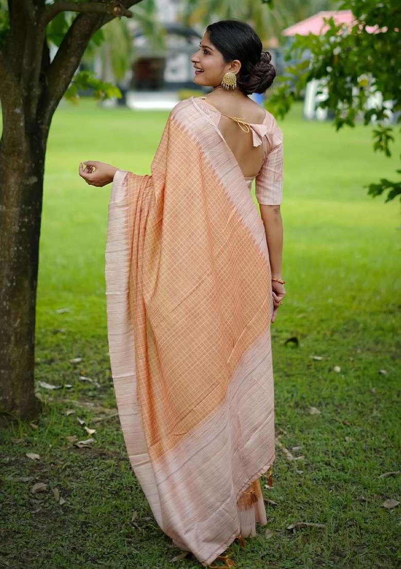 Orange Printed Blended Saree Set for Diwali and Festive Wear - Indya