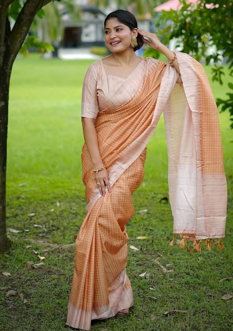 Orange Printed Blended Saree Set - Indya