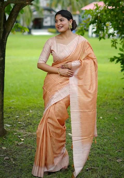 Orange Printed Blended Saree Set for Diwali and Festive Wear