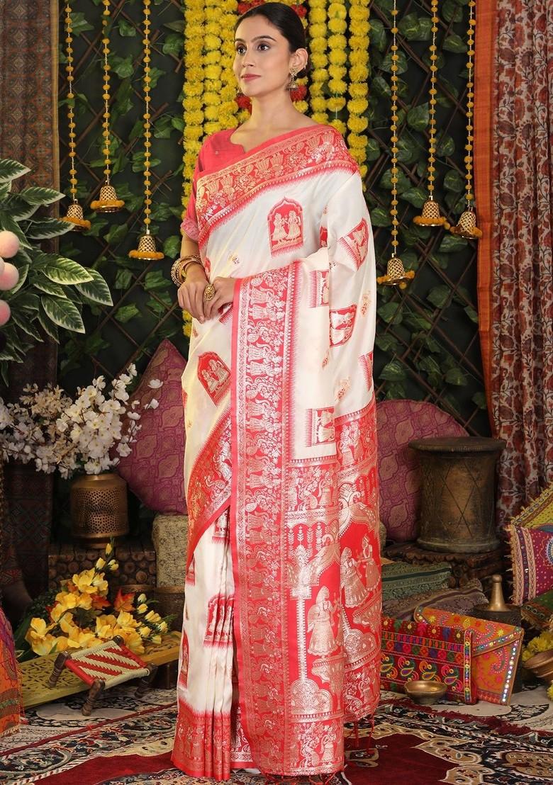 White Zari Printed Blended Saree Set - Indya