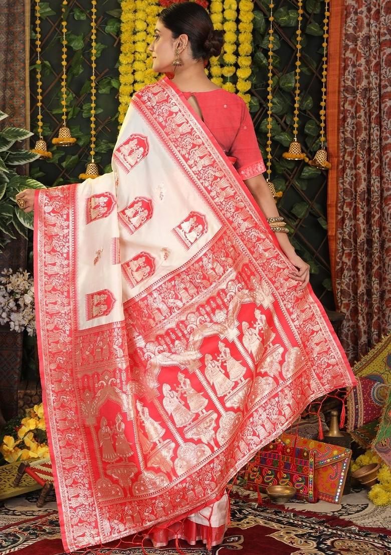 White Zari Printed Blended Saree Set - Indya