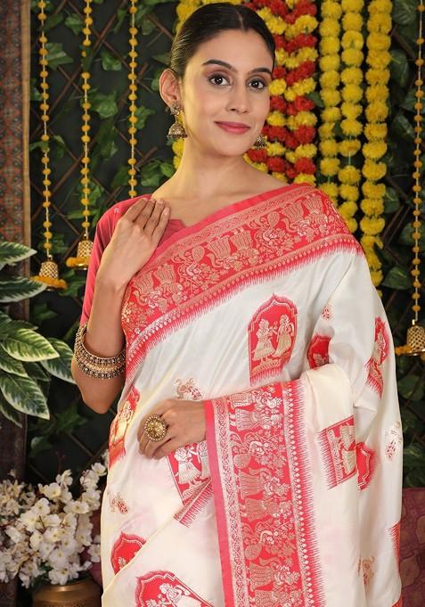 White Zari Printed Blended Saree Set