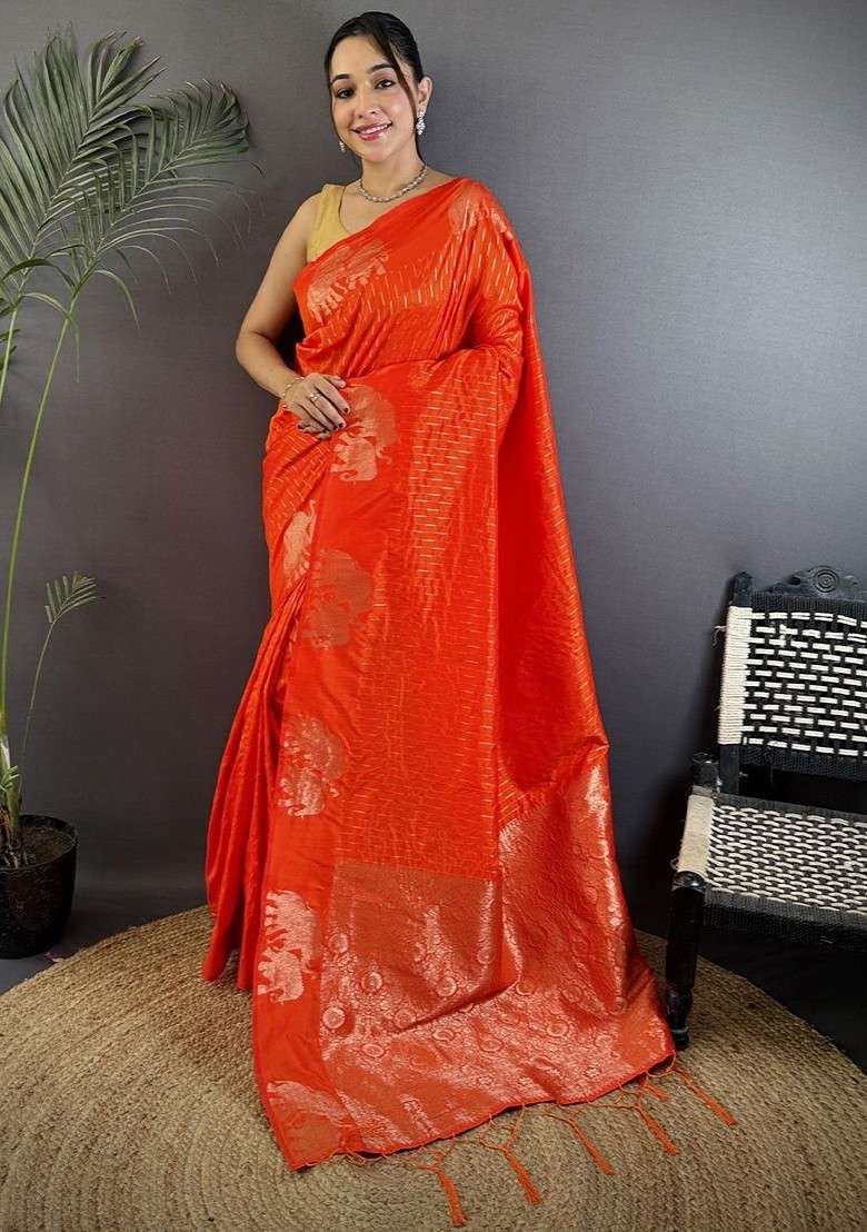 Orange Zari Blended Saree Set with Printed for Diwali | Wedding & Festive Wear - Indya