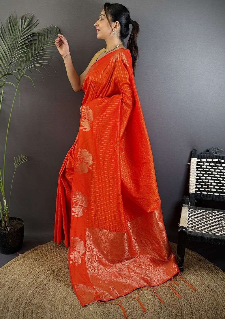 Orange Zari Blended Saree Set with Printed for Diwali | Wedding & Festive Wear - Indya