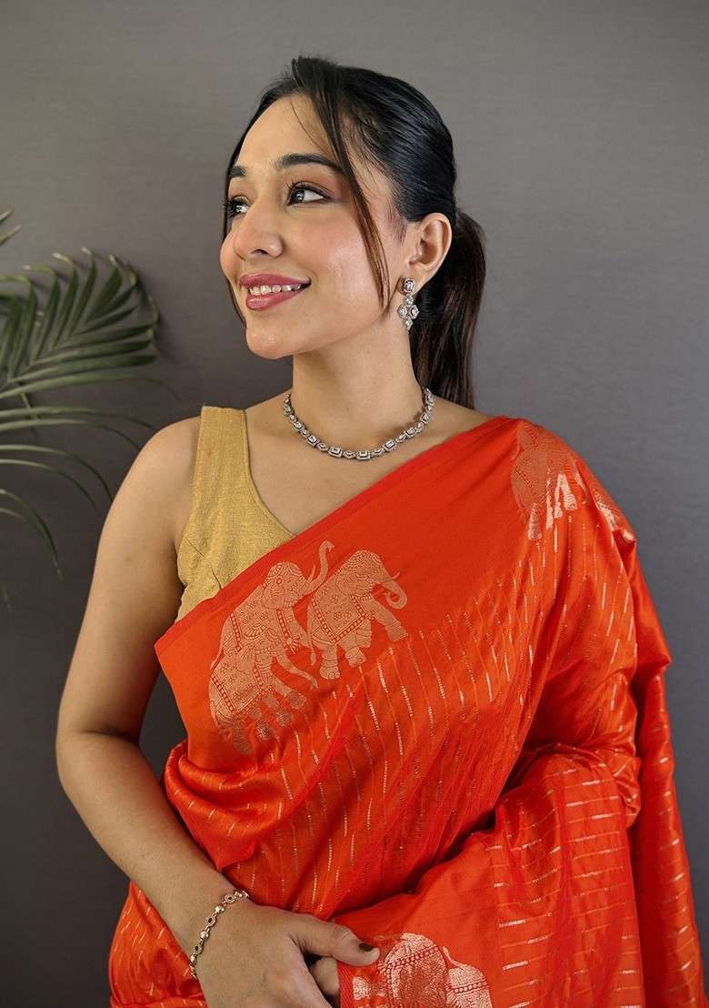 Orange Zari Blended Saree Set with Printed for Diwali | Wedding & Festive Wear - Indya