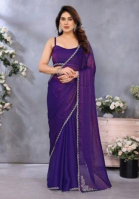 Purple Embellished Blended Saree Set