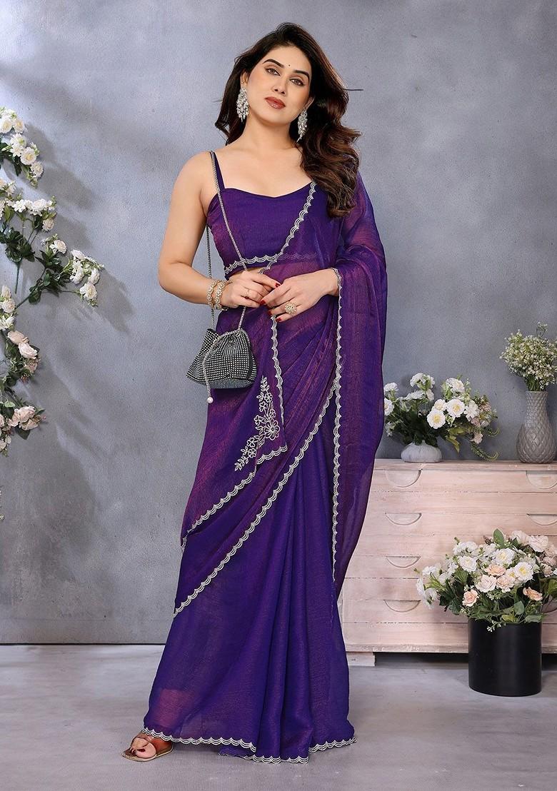 Purple Embellished Blended Saree Set