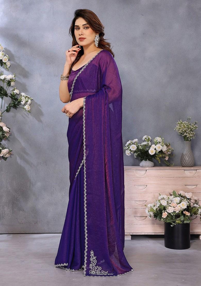 Purple Embellished Blended Saree Set - Indya