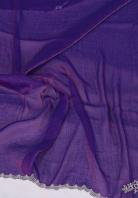 Purple Embellished Blended Saree Set