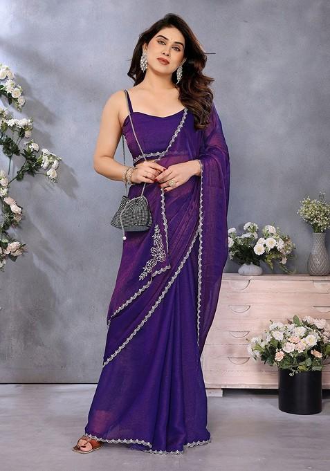 Purple Embellished Blended Saree Set