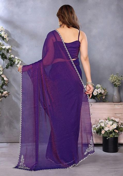Purple Embellished Blended Saree Set