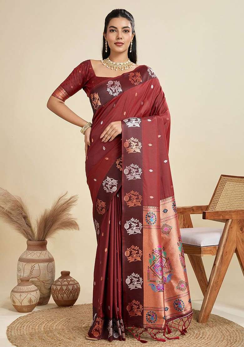 Maroon Zari Blended Saree Set with Printed for Diwali | Wedding & Festive Wear - Indya