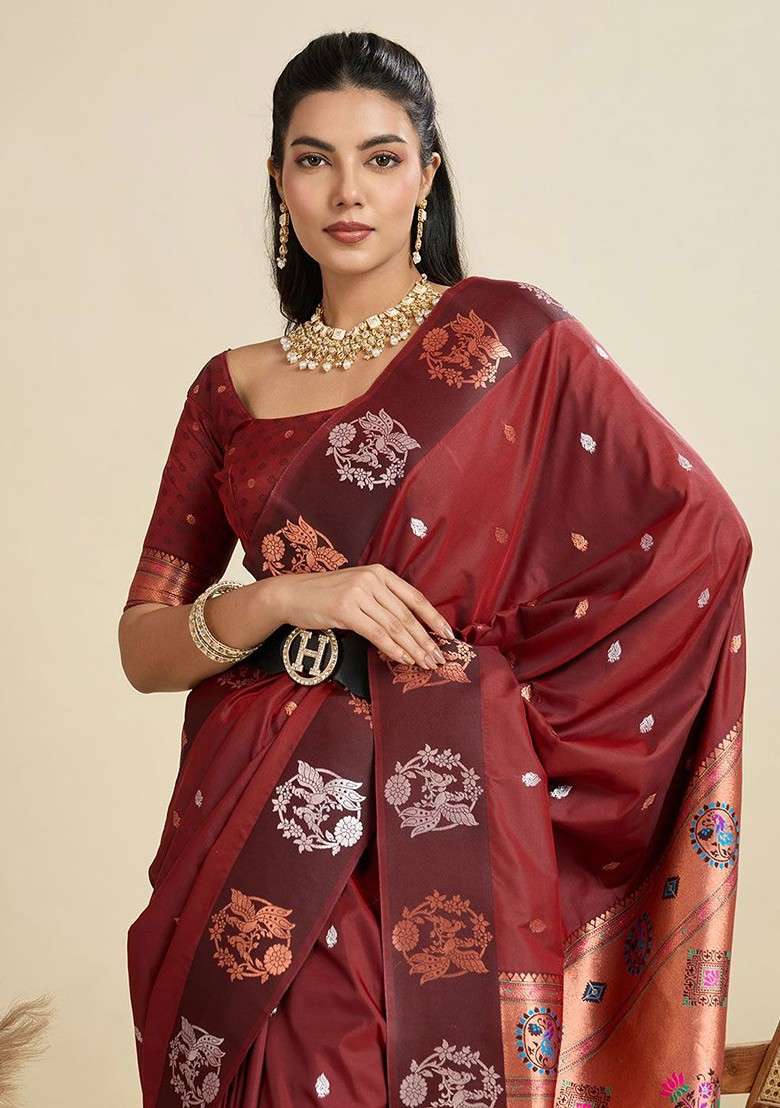 Maroon Zari Blended Saree Set with Printed for Diwali | Wedding & Festive Wear - Indya