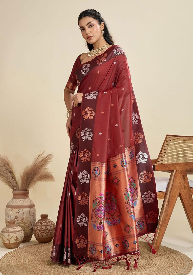 Maroon Zari Printed Blended Saree Set - Indya