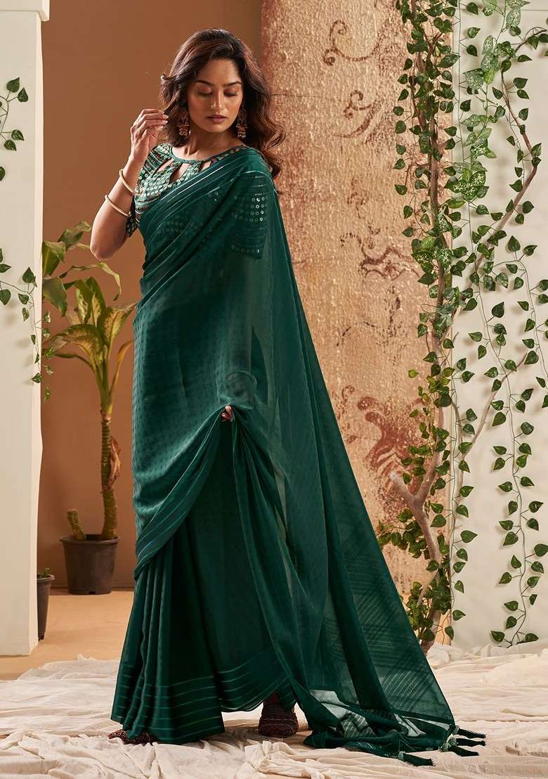 Green Embellished Blended Saree Set for Diwali and Festive Wear - Indya