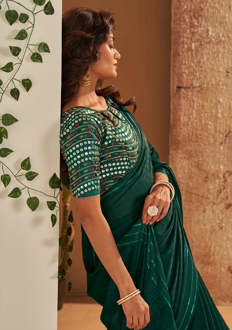 Green Embellished Blended Saree Set - Indya