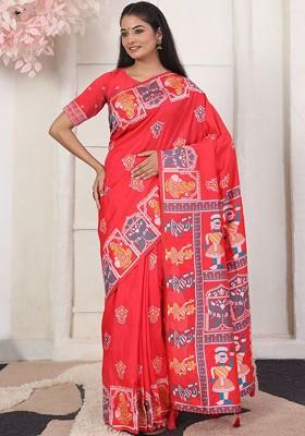 Red Printed Blended Saree Set