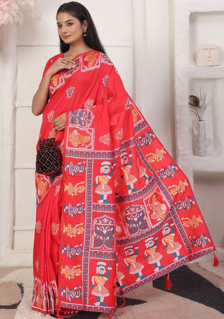 Red Printed Blended Saree Set - Indya