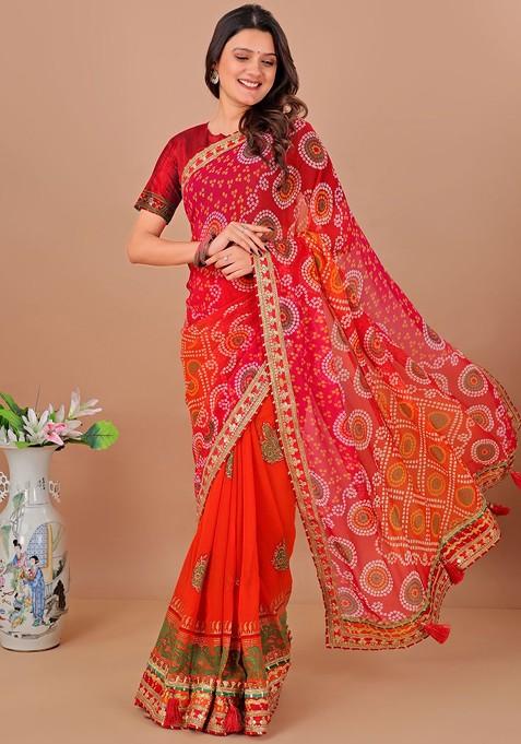 Red Printed Blended Saree Set