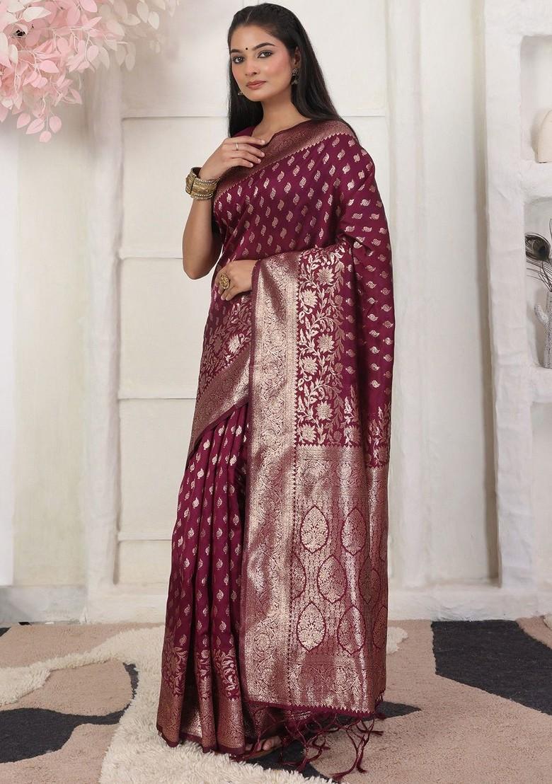 Maroon Zari Printed Blended Saree Set - Indya