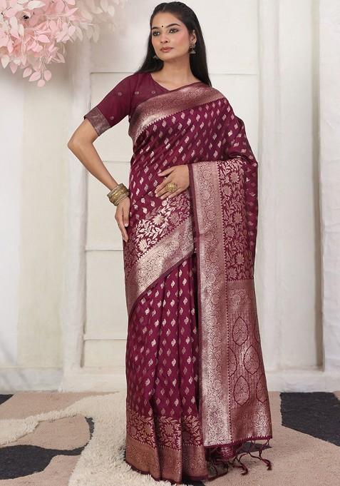Maroon Zari Printed Blended Saree Set