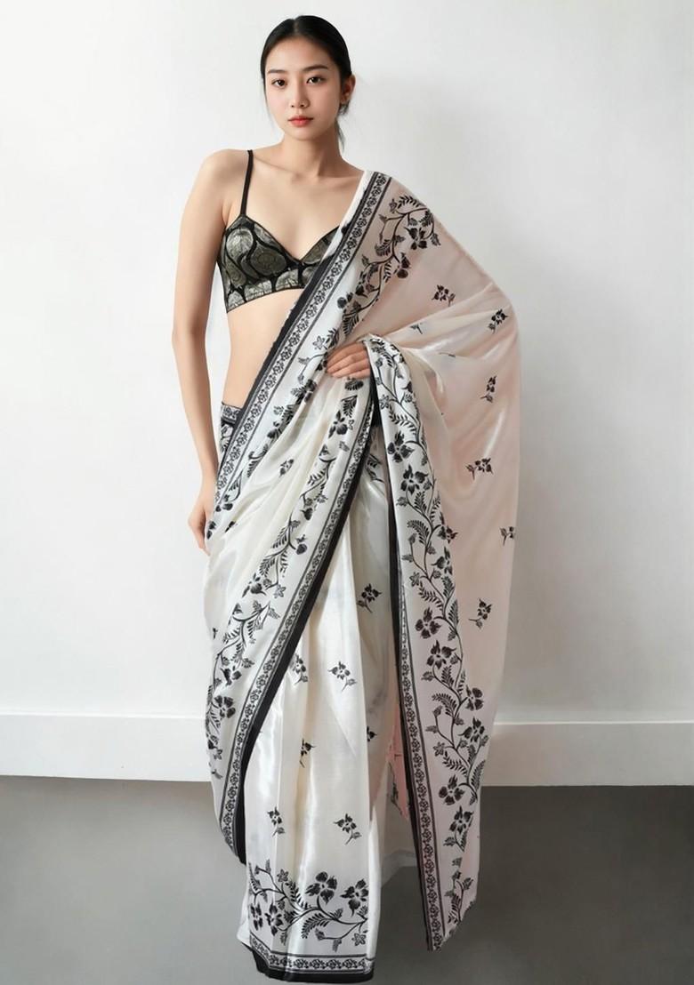 White Printed Blended Saree Set - Indya